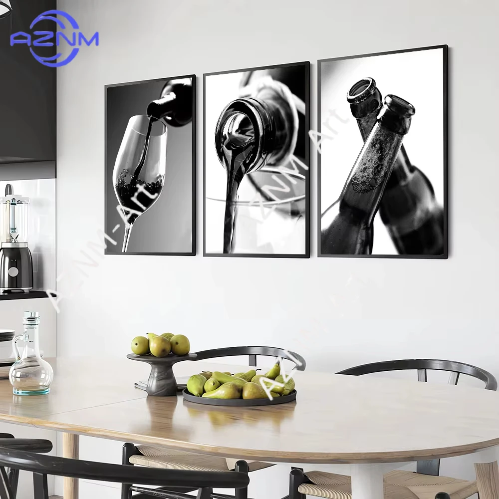 1 Stück/3 Stück Bier Wein Getränk Küche Kunstposter Minimalistisch Schwarz-Weiß Barwagen Gemälde Wandbild Esszimmer Moderne Heimdekoration