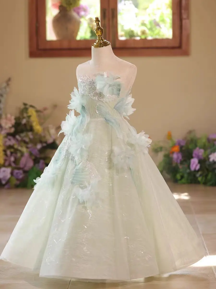 Dreamy Vow D009 Ragazza di fiore verde salvia Elegante principessa Fiori in rilievo Festa lunga Matrimonio Compleanno Spettacolo Serata Abiti per bambini