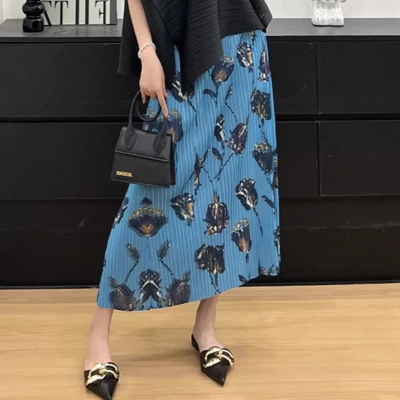 Miyake Modna Casualowa Uniwersalna Spódnica Miyake Elastyczna Talia Plisowana Damska Drukowana Luźna Spódnica do Połowy Łydki Nowość na Lato 2025