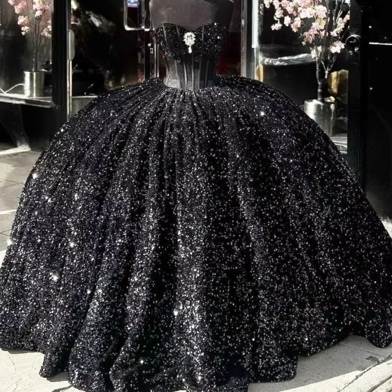 ANGELSBRIDEP Black Shiny Quinceanera Dresses Ball Gown Sequined Beading Sweet 16 Birthday Party Formal Princess Dress Customized