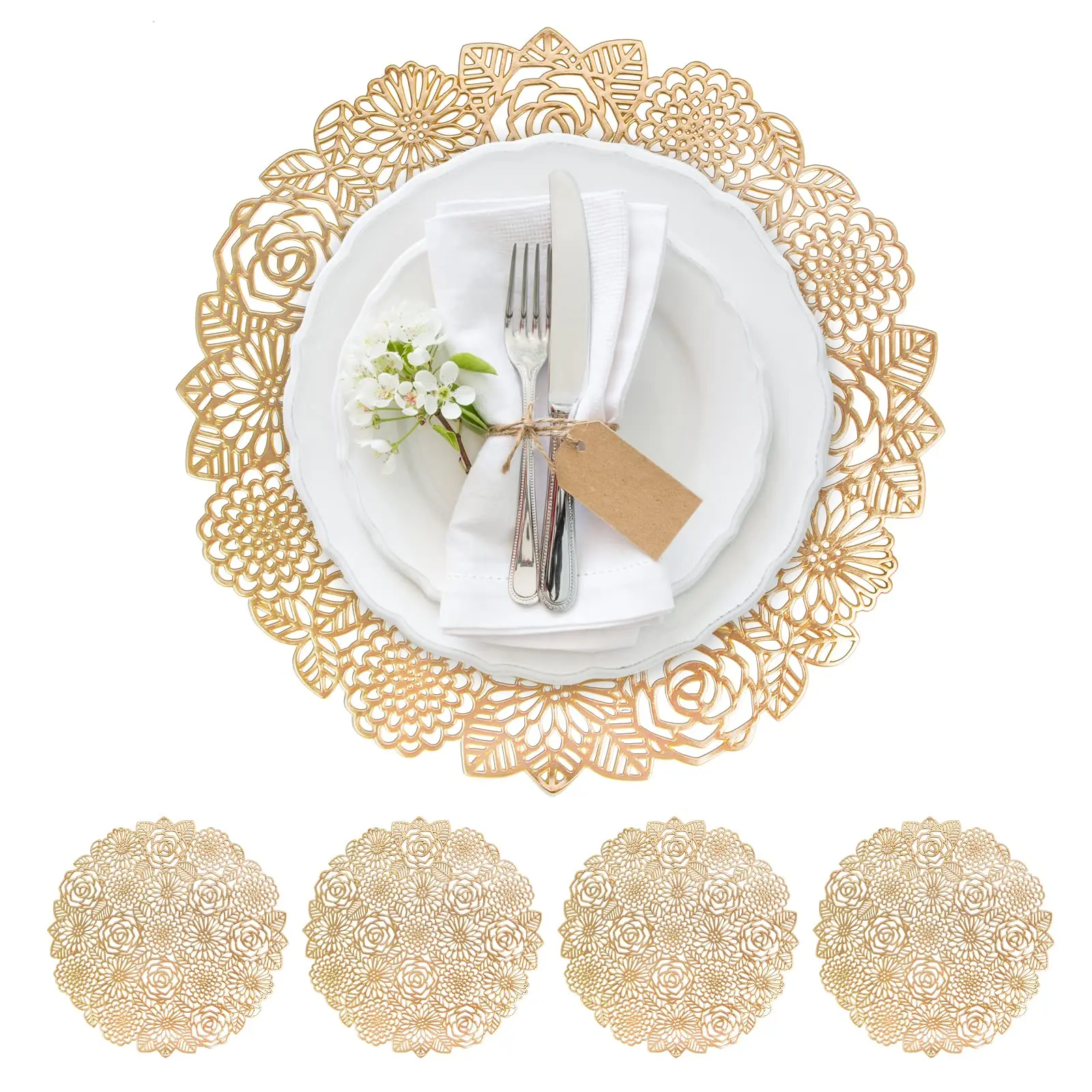 

Durable PVC Gold Placemats, Heat-Resistant Round Placemat for Home, Easy to Clean, Stylish, 15 ", Set of 4