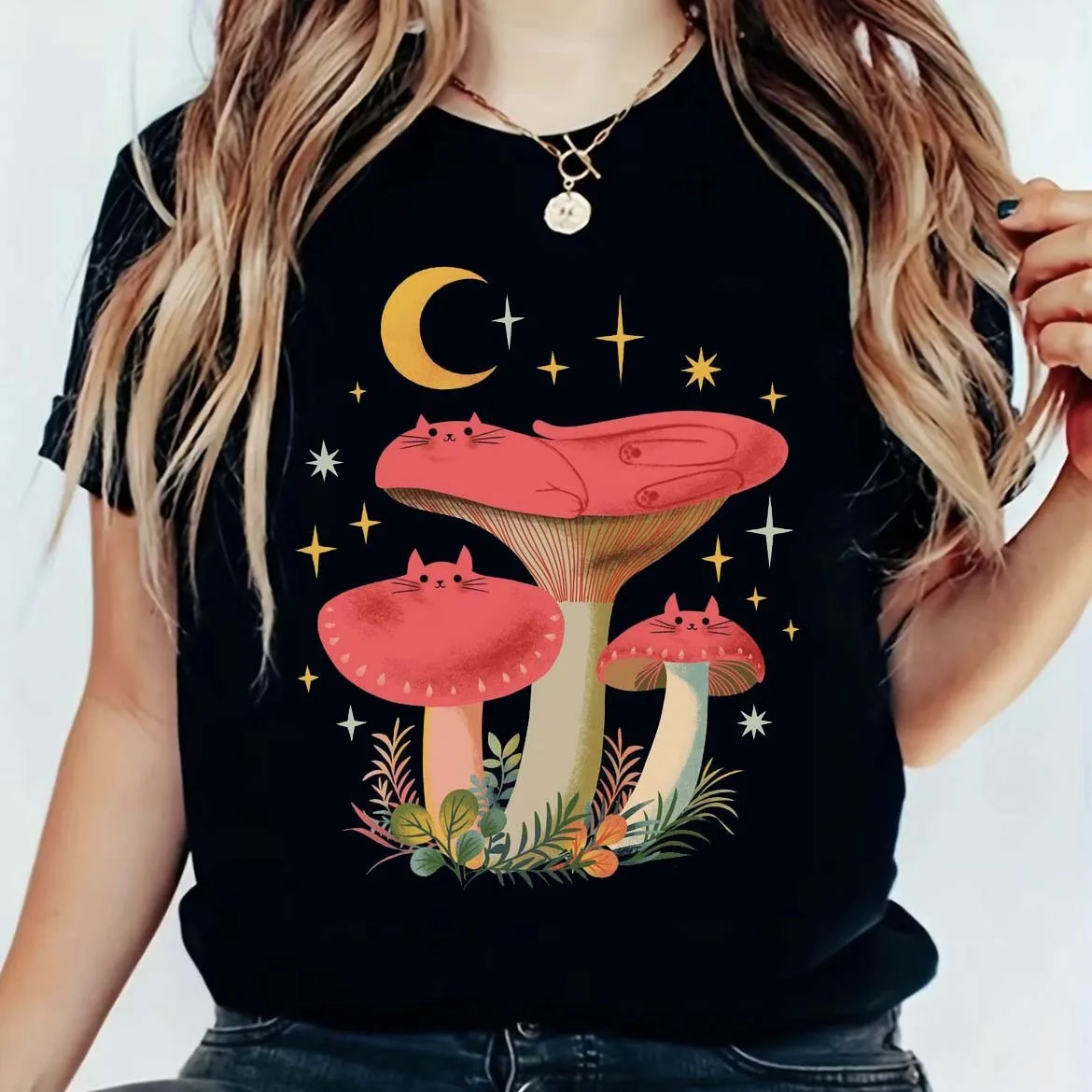 Vintage Botanical Graphic T Shirt Men Women Unisex Mushroom Witchy Shelf Print Casual Short Sleeve Summer Top Tees Women Clothes
