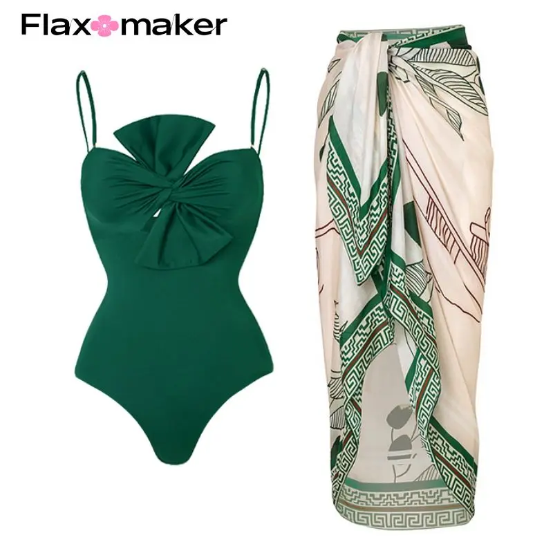 FLAXMAKER Bowknot One Piece Swimsuit and Sarong Summer Swimwear Women Beachwear