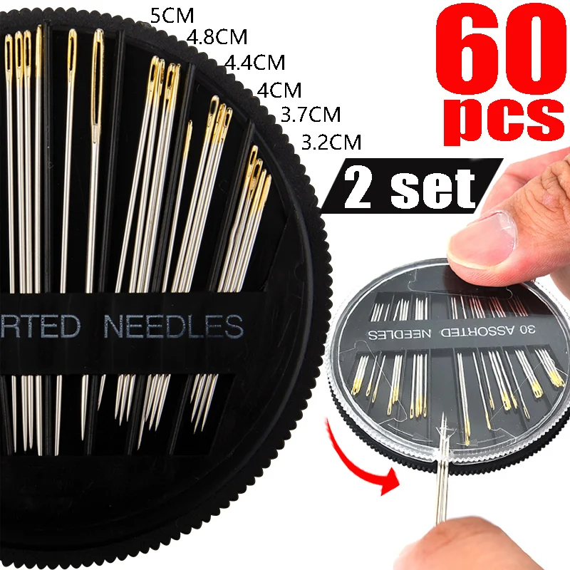 

60Pcs/2set Disc Sewing Needles 6 Sizes Suitable Different Fabrics Household Stainless Steel Sew Needles DIY Beaded Needle Pins