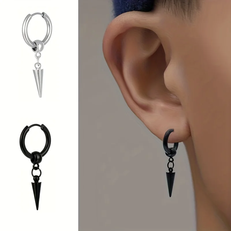 1/2/4pcs Fashion Stainless Steel Men's Cone Pendant Earrings Retro Punk Style Hip-hop Dangle Earrings For Men Women Ear Jewelry