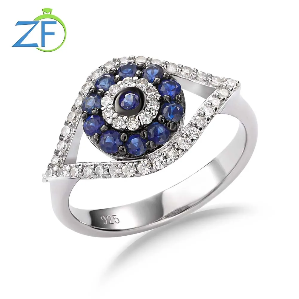 

GZ ZONGFA Pure 925 Sterling Silver Evil Eye Rings for Women Natural Sapphire Diamond Stone 0.7ct Sparking Wedding Fine Jewelry