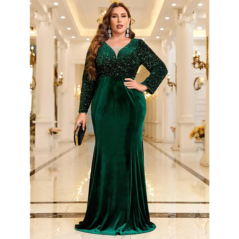 

Plus Size Velvet Autumn Glitter V-Neck Long Sleeve Dress Big Size Long Stretch Multicolor Velvet Sequin Evening Dress for Women