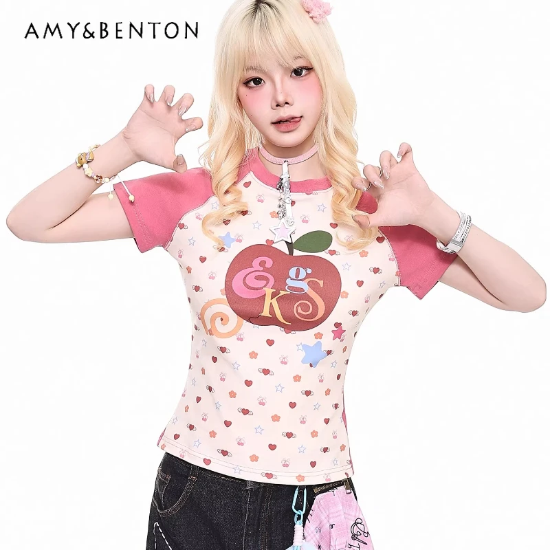 

Japanese Design Colorful Splicing Y2K Fruit Pattern Short-sleeved Women's T-shirt 2026 Summer New Casual Versatile Top Ladies