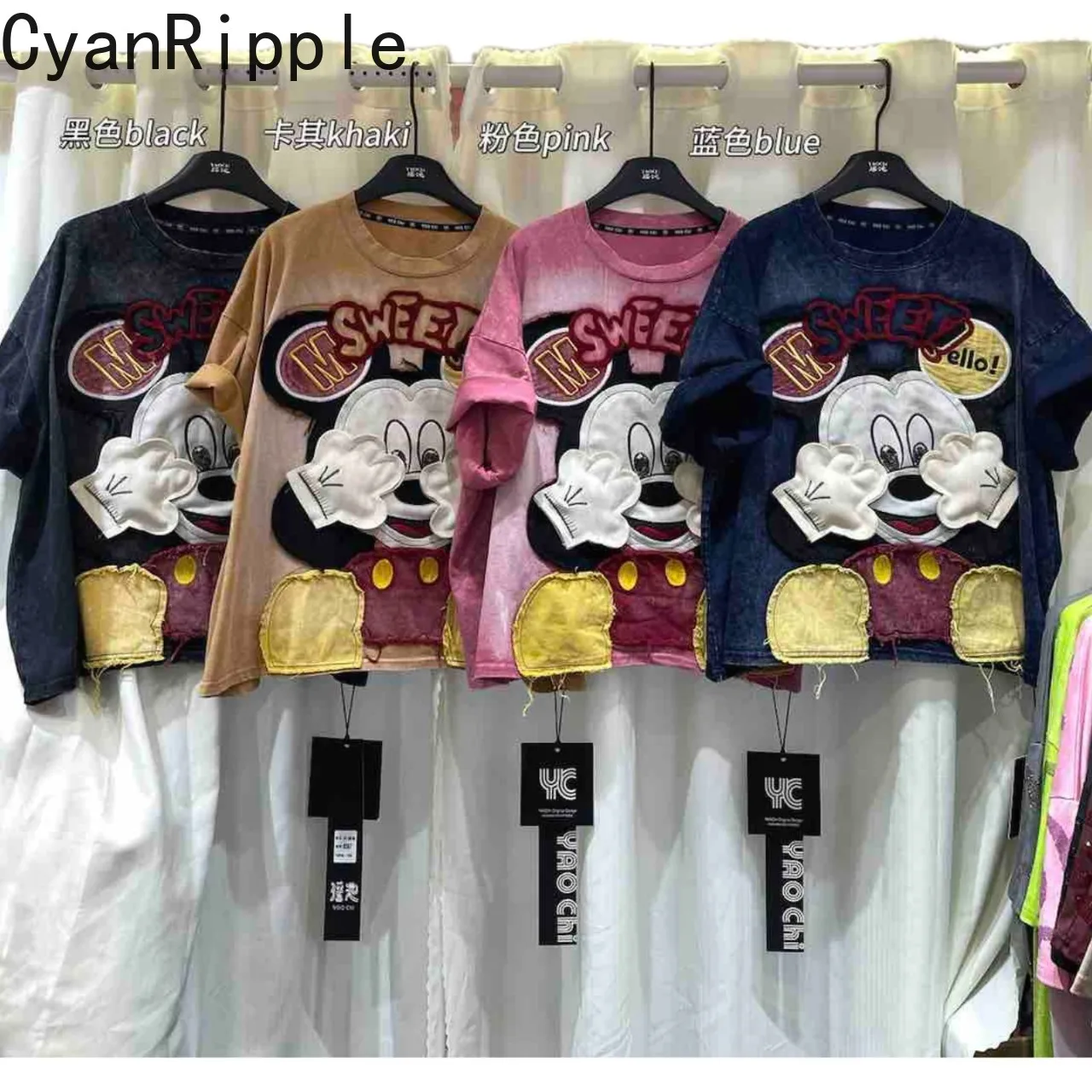 

American Retro Spring Summer Loose Short Sleeve Tee Trendy Patch Mickey Embroidery Round Neck Pullover Top Casual Cotton T-shirt