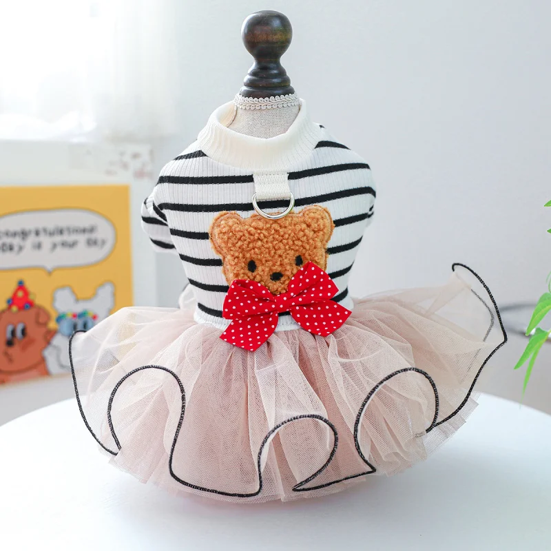 

Pet Dog Dress Black White Stripes Feifei Bear Tulle Skirt, Pet Circle Cute Puppy Princess Party Tutu Outfit Gown