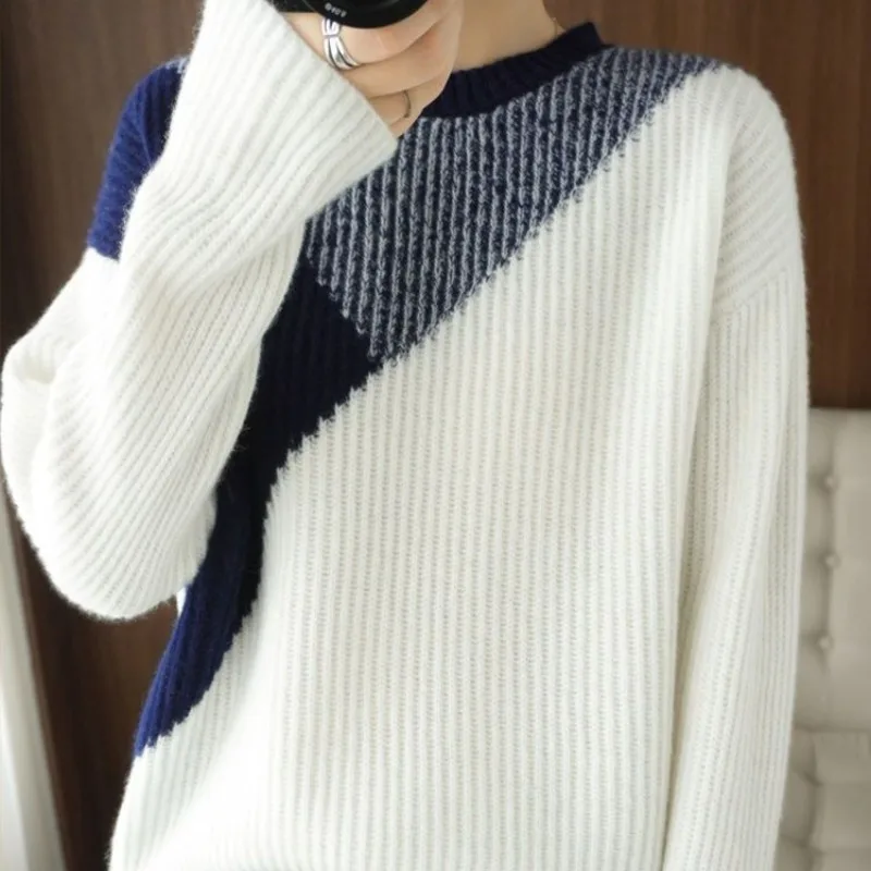 Autumn and Winter Women's Round Neck Panel Long Sleeve Contrast Loose Pullover Retro Knit Contrast Fashion Casual Tops