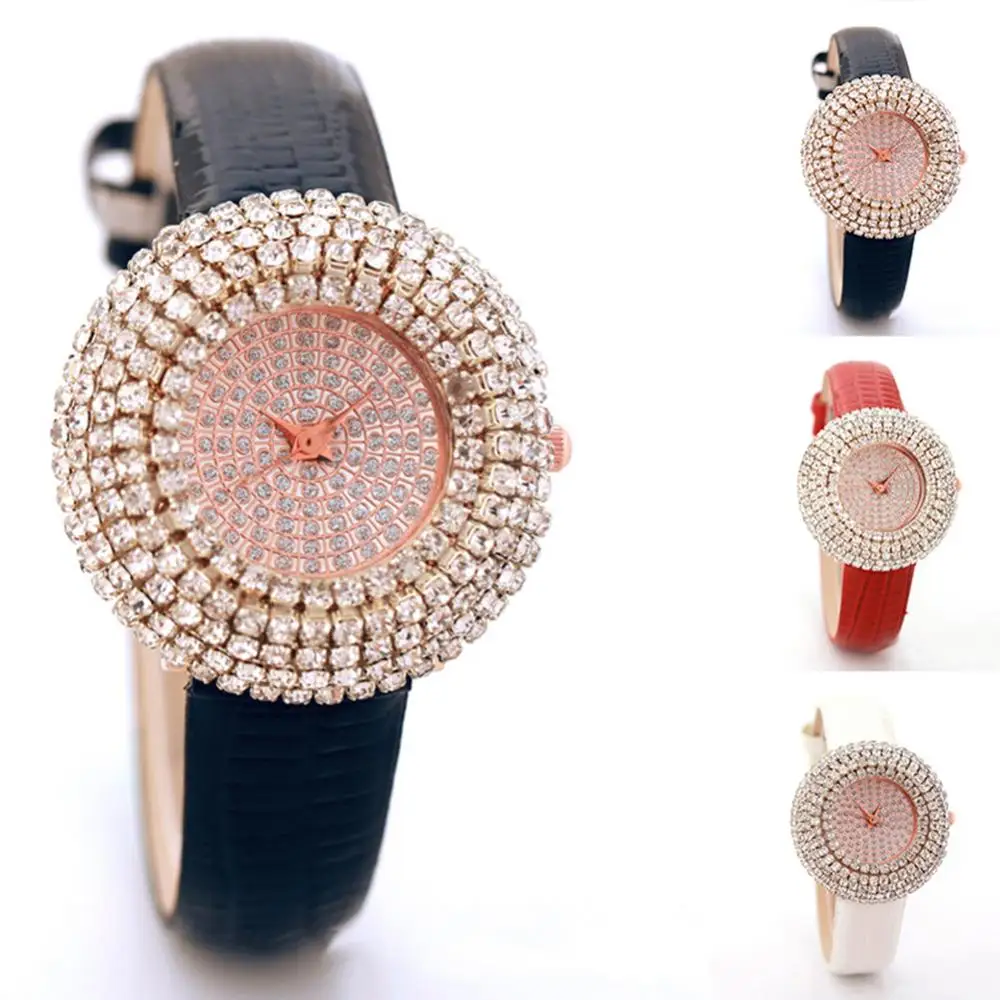 Exquisite Rhinestone Crystal Dial Quartz Wristwatches 4 Fashion Colors Women\'s Watches Leather Band Strap Beauty Lady Best Gifts