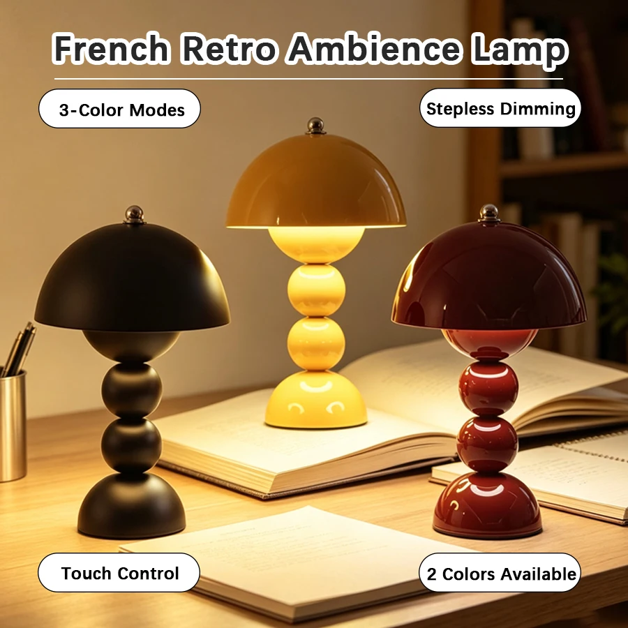 1pc Vintage Beaded Mushroom Bedside Lamp, 3‑Color Temperature Touch LED Light, USB‑Powered, Bedroom Decor for Gifting