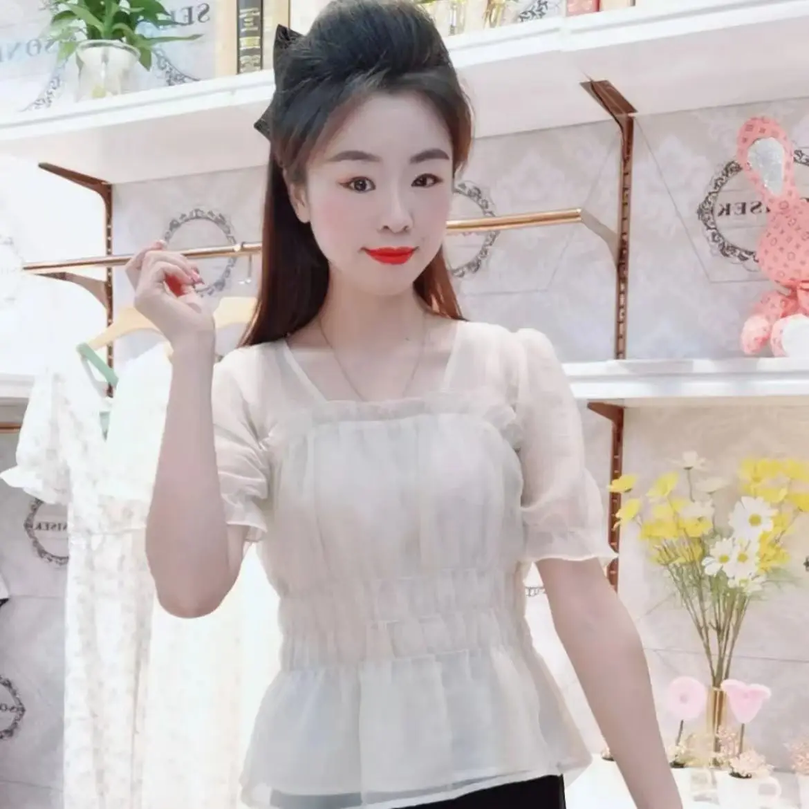 

Faionable ort Sve Chiffon irt Women's Summer Outfit Waist-Cinching Trendy Korean Sle Square Collar Top Fem