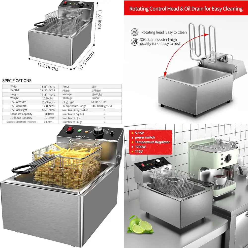 

10L Stainless Steel Electric Single Tank Deep Fryer with Basket, 1700W, 110V for Home & Restaurant Use