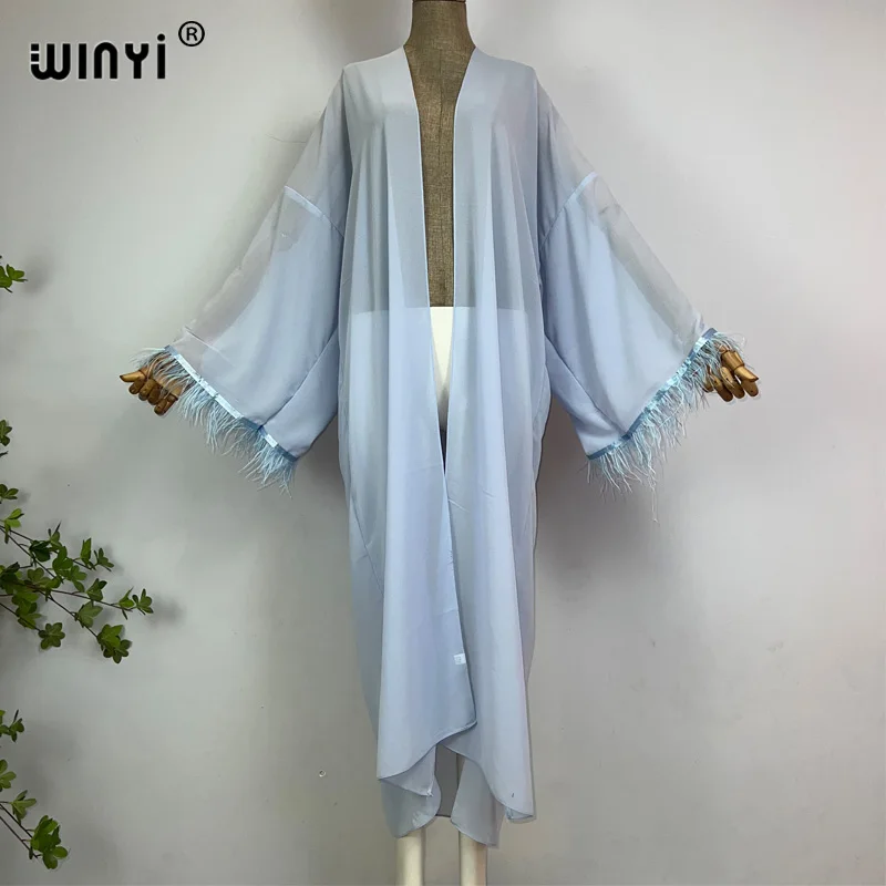 WINYI kimono estate capelli di struzzo boho caftani per donna Cover-up elegante Cardigan sexy maxi beach costume da bagno abito da sera da sera