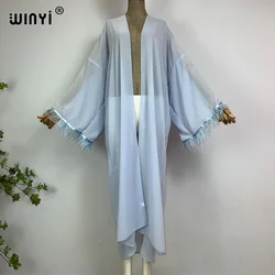 WINYI kimono letnie z futra strusia boho kaftany dla kobiet elegancki kardigan sexy maxi plaża strój kąpielowy suknia wieczorowa