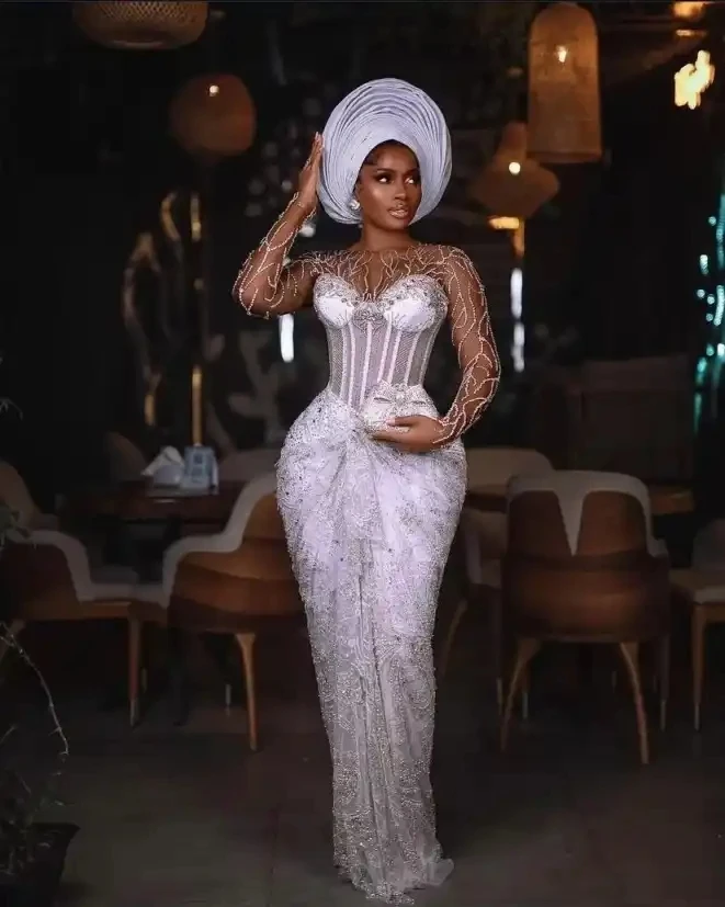 Aso Ebi Evening Dress Illusions Sheer Royal White Floral Prom Dresses Beading Long Elegant Nigerian Prom Gowns with Sleeves view 2