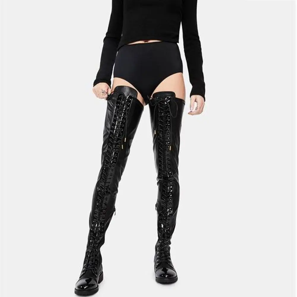 

Round Toe Platform Chunky Heel Over The Knee Lace Up Boots For Women Black Thigh High Stretch Boots Shoes Autumn Winter Brand