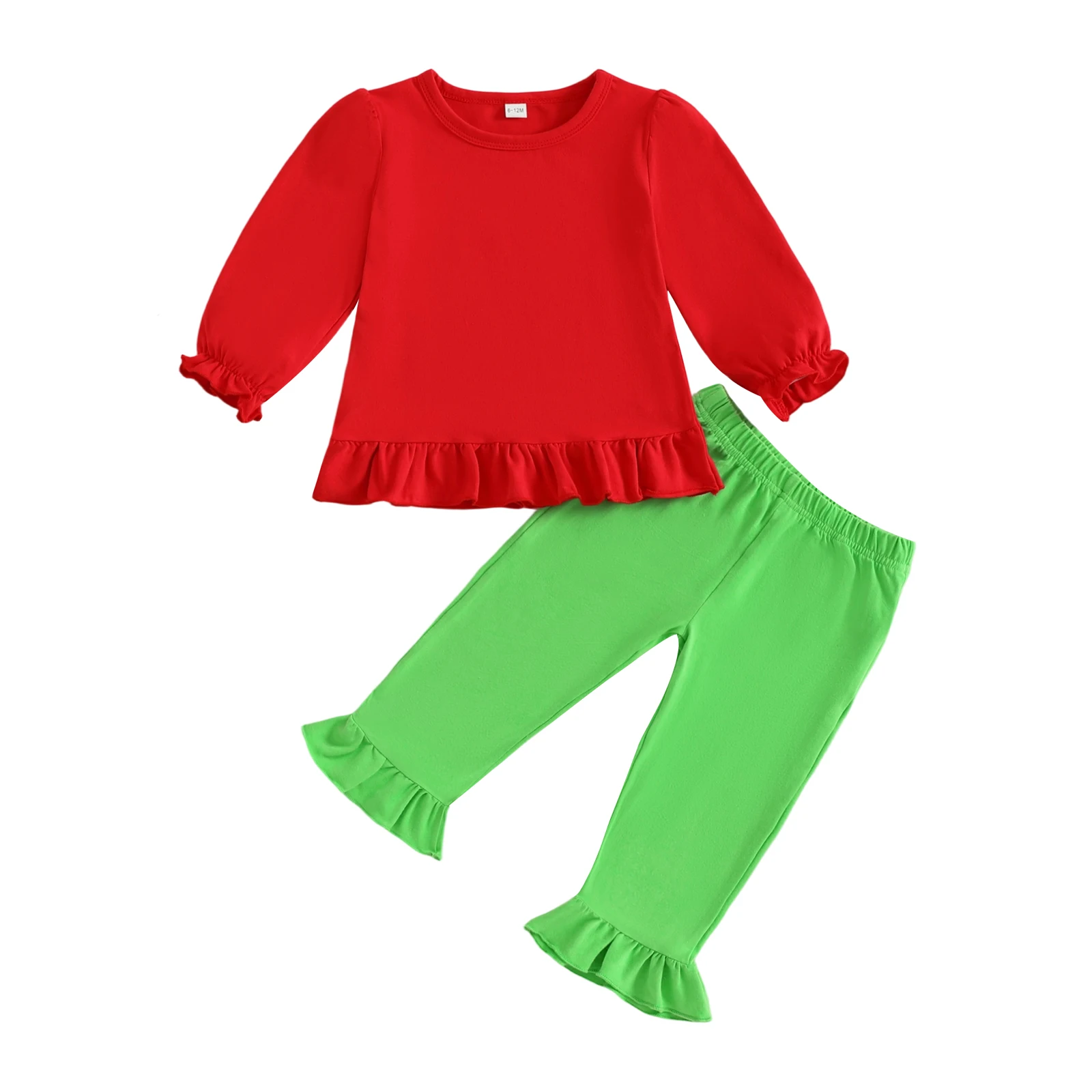 

Toddler Girls Christmas Outfit Red Long Sleeve Round Neck Tops Green Flare Pants 2 Pieces Set