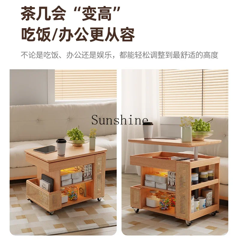 Solid wood mobile coffee table with wheels small table household living room sofa side cabinet