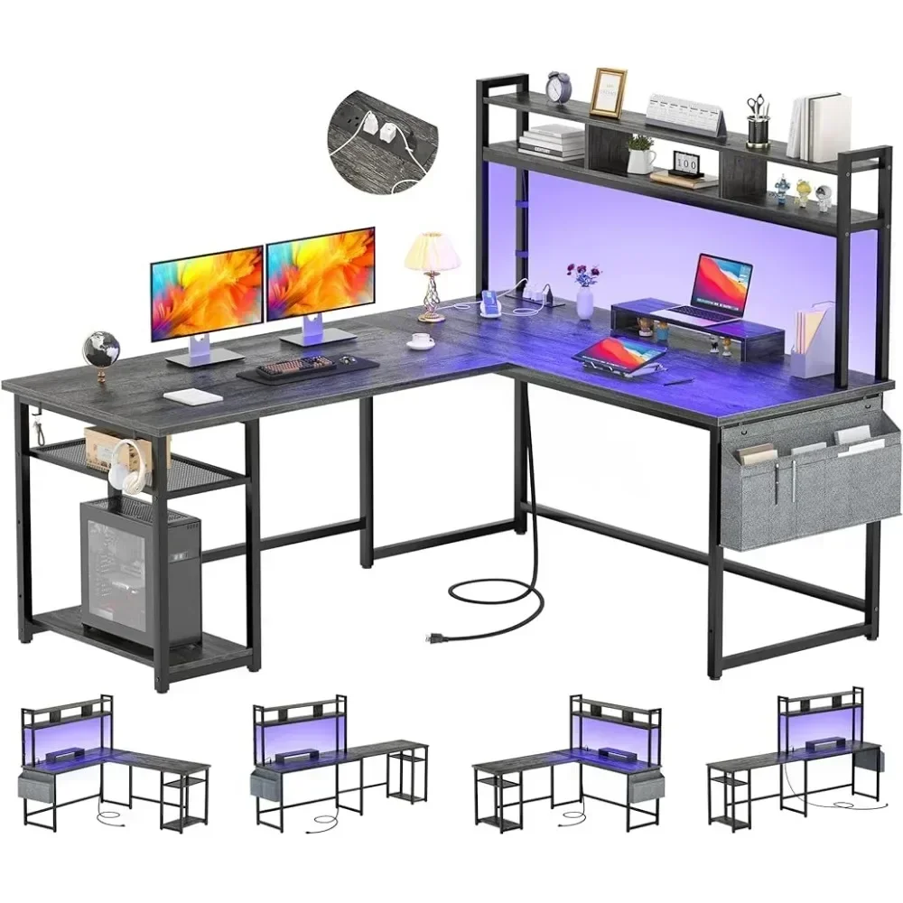 L Shaped Computer Desk with Power Outlet & LED Strip, Reversible -Corner Computer Gaming Desk with Storage Shelf & Monitor Stand