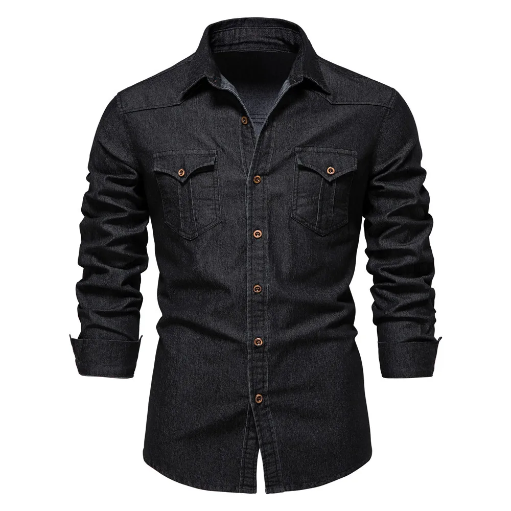Men Denim Shirt Long Sleeve Casual Jean Shirt Solid Color Button Down Tops Outdoor Workwear Blouse for Men