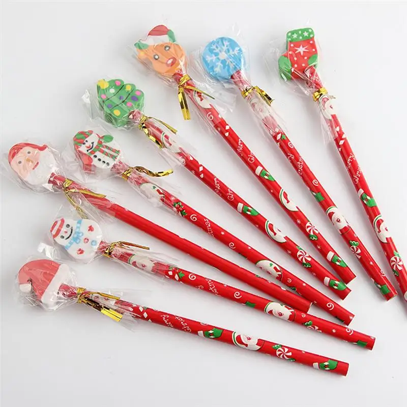 12pcs Cartoon Pencil Christmas Theme Pencils Christmas Theme Eraser Topper Pencils Xmas Party Gifts School Favor Random Pattern