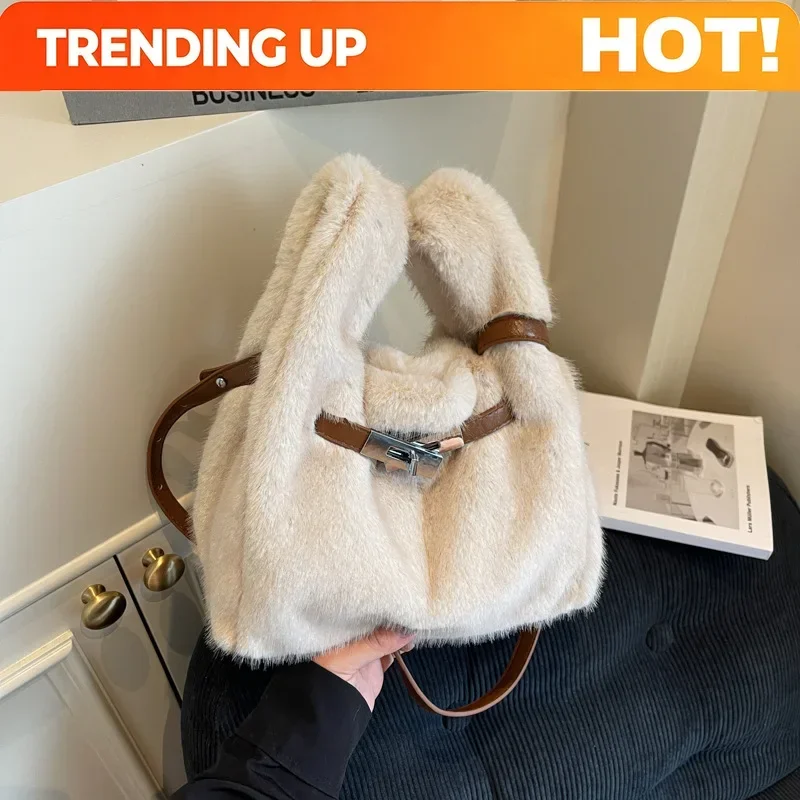 New Cute and Versatile Faux Fur Top Handle Bag Women Fashion Korean Crossbody Shoulder Bag Leisure Commuting Bucket Bag