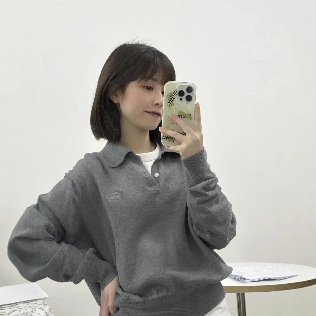 

South Korea thebarnnet Embroidered Letter Polo Knit Sweater Versatile Collared Sweater