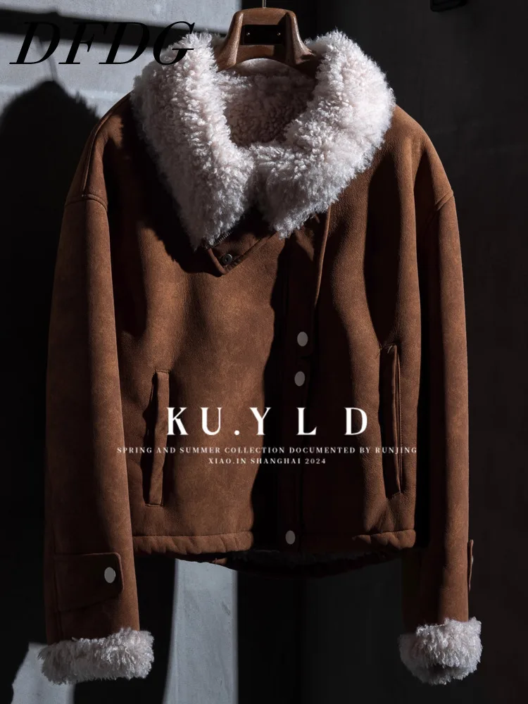 

DFDG 2025 Autumn Winter Women’s Designer Suede Shearling Biker Jacket Petite Oversized Slimming Coat Big Faux Fur Collar Coat