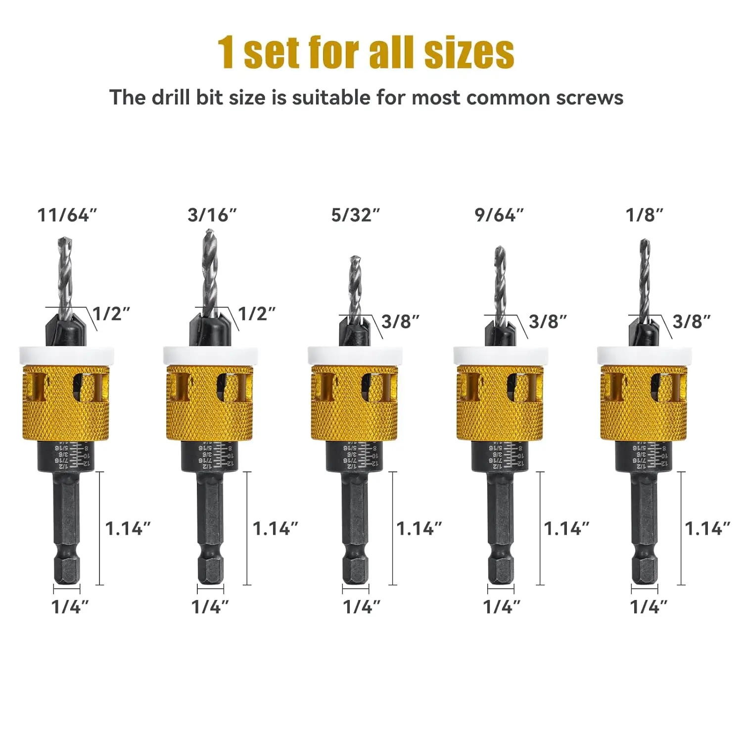 5pcs Countersink Drill Bit Set with Low Friction Depth Stop HSS M2 Tapered Drill Carbide Tipped Drill Hex Shank