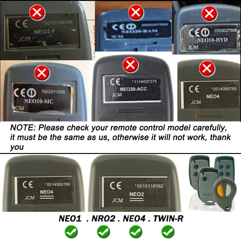 JCM NEO10 NEO20 NEO40 TWIN-R Remote Control Garage Door Opener 433.92MHz