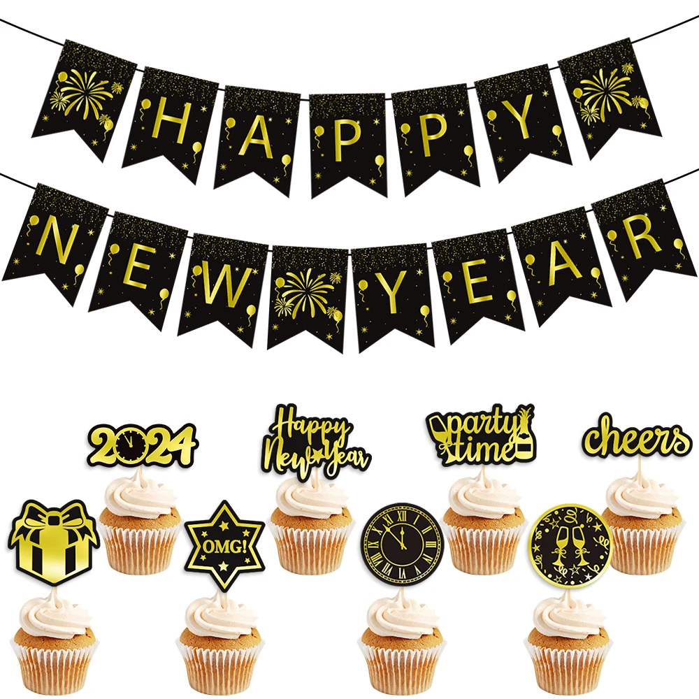 2024 Happy New Year Cake Topper Cheers Star Gift Flags Gold Black For Christmas Kids Party Cake Baking Xmas Decor Supplies Diy