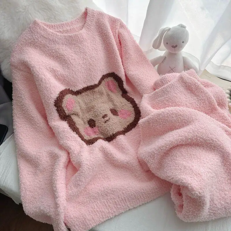 

Autumn Winter Cartoon Cute Pajama Set Women's Sleepwear New Warm Half Fleece Thickened Plush Loose Home Clothing Set Sleep