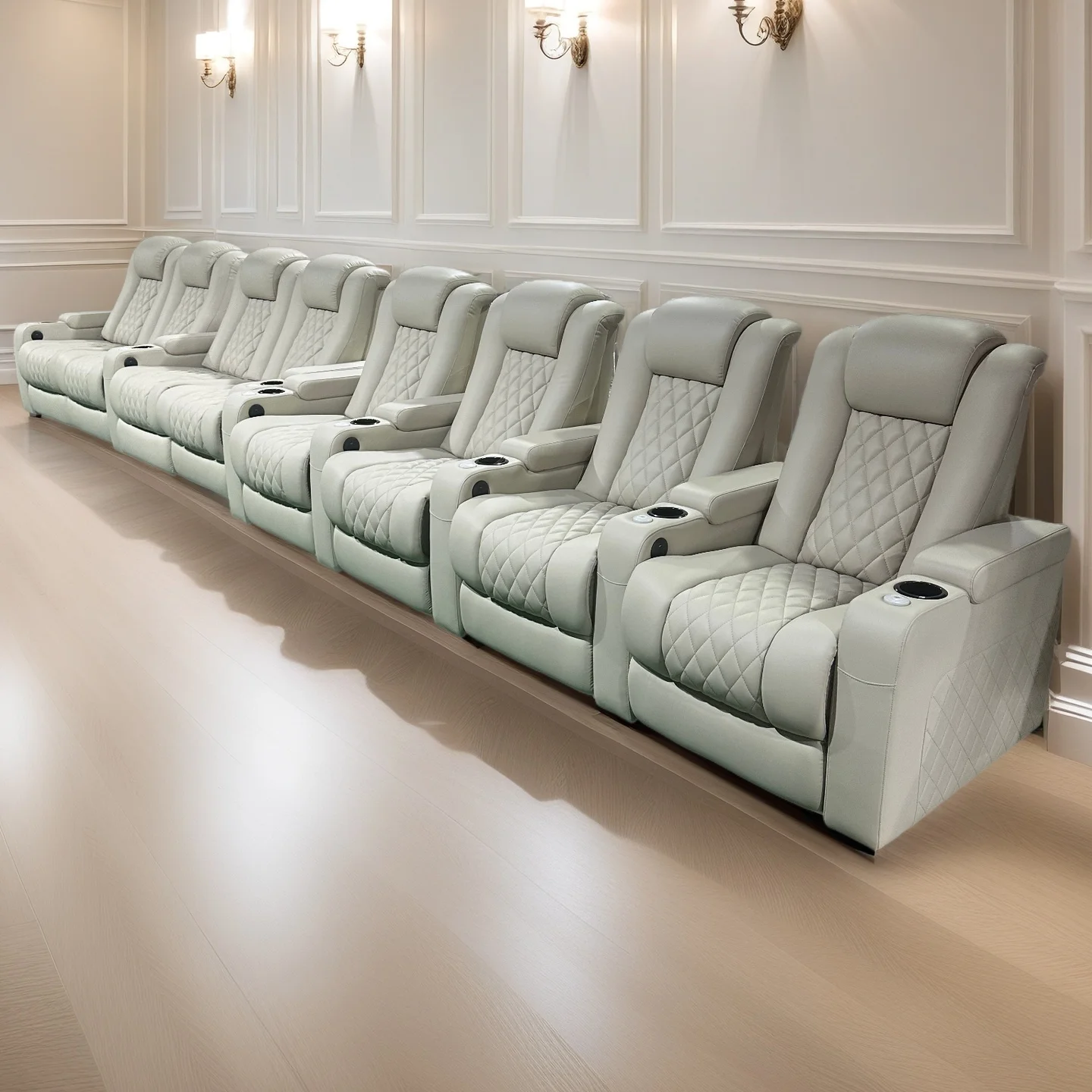 Modern Home Theater Recliners Cream Leather Sofa with USB Port for Living Room School & Gym Cinema Chair Furniture