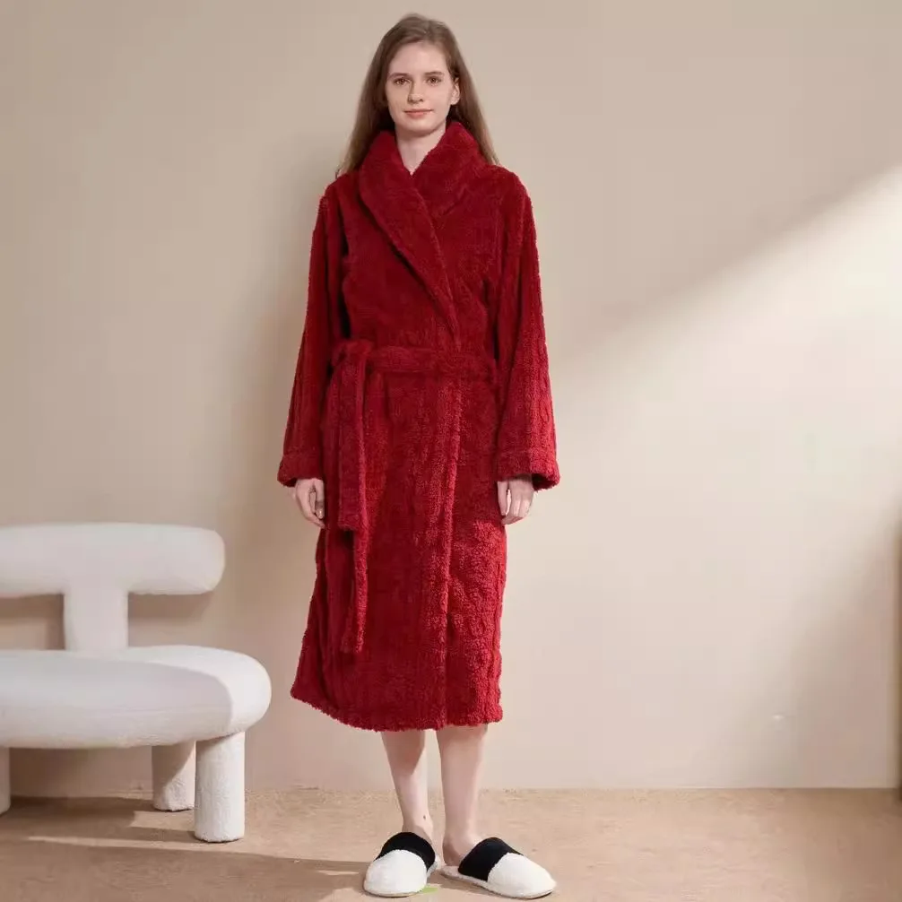 Pink Coral Fleece Robe Women's Thickened Home Clothes with Pockets And Belt Winter Warm Sleepwear Soft Cozy Bathrobe