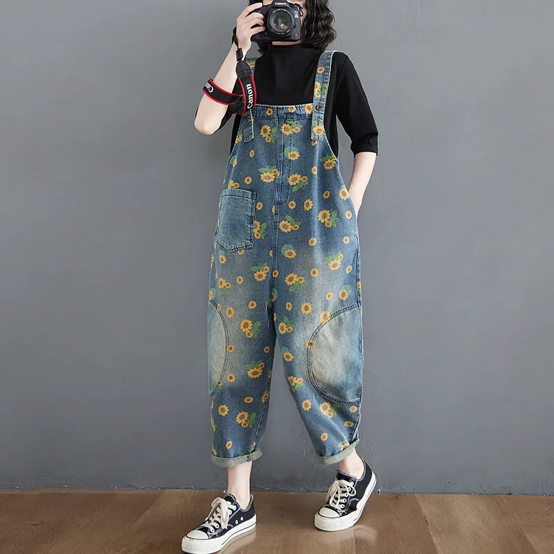 2023 Spring Denim Jumpsuit Women Harajuku Washed Blue Suspender Jeans Vintage Print Wide-Leg Overalls Female Casual Romper G2618