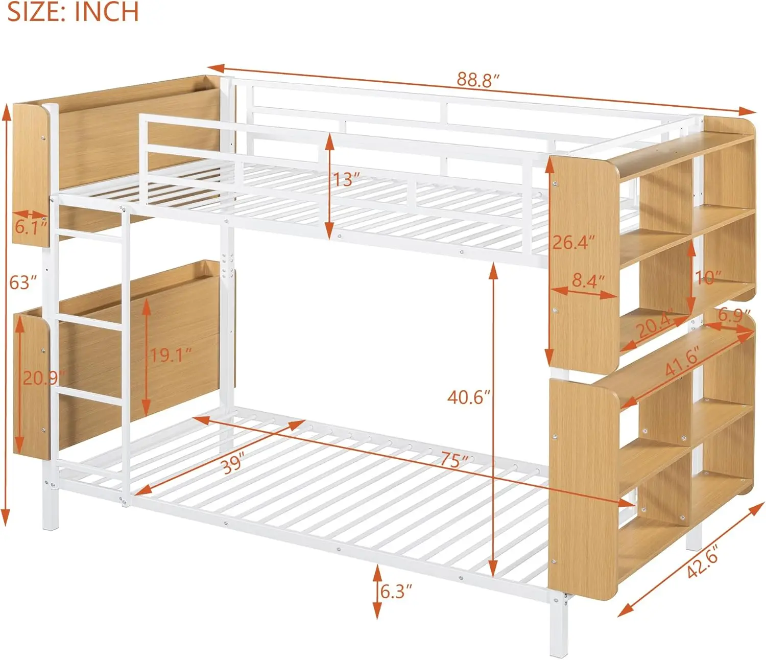 Twin Over Twin Bunk Bed with Storage Shelves and Guardrail, Heavy Duty Metal Bed Frame with Headboard and Ladder,