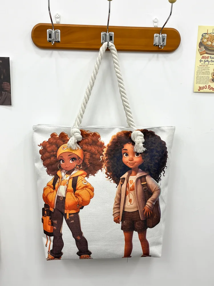 Women'S Printed Hand-Held Tote Bag, Lightweight And Thick Rope Shoulder Bag, Fashionable And Artistic Versatile Beach Bag