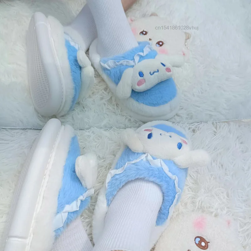 Sanrio Hello Kitty Pantuflas My Melody Kawaii Pink Plush Home Slippers Yk2 Women Winter Fluffy Fur Slippers Cute Flat Shoes Y 2k