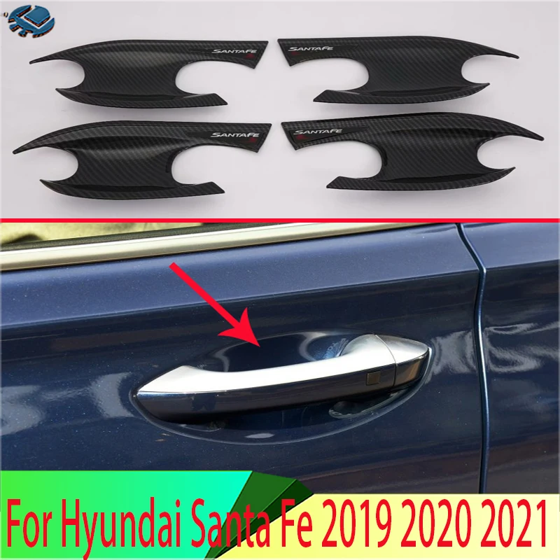 For Hyundai Santa Fe 2019 2020 2021 Carbon Fiber Style Door Handle Bowl Cover Cup Cavity Trim Insert Catch Molding