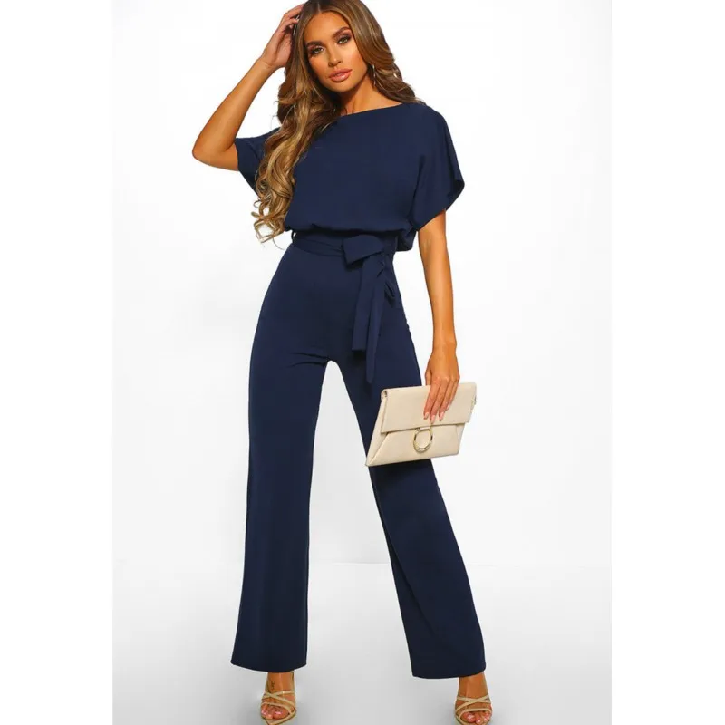 

Women Autumn Jumpsuit Elegant Short Sleeve Waist Tie Fashion Solid Summer Wide Leg Pants Bodysuit Overalls Wide Leg Cropped Pant