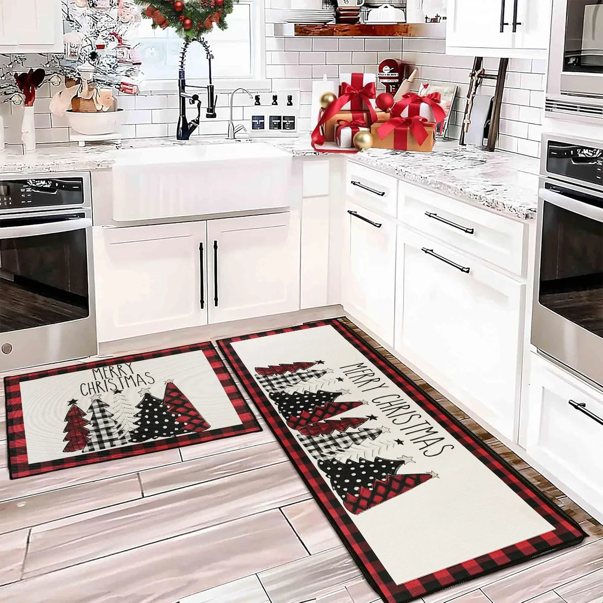 Christmas Kitchen Rugs, Plaid Pattern Kitchen Runner Rug for Kitchen Decoration Home 2024 Navidad Noel Gifts New Year 2025