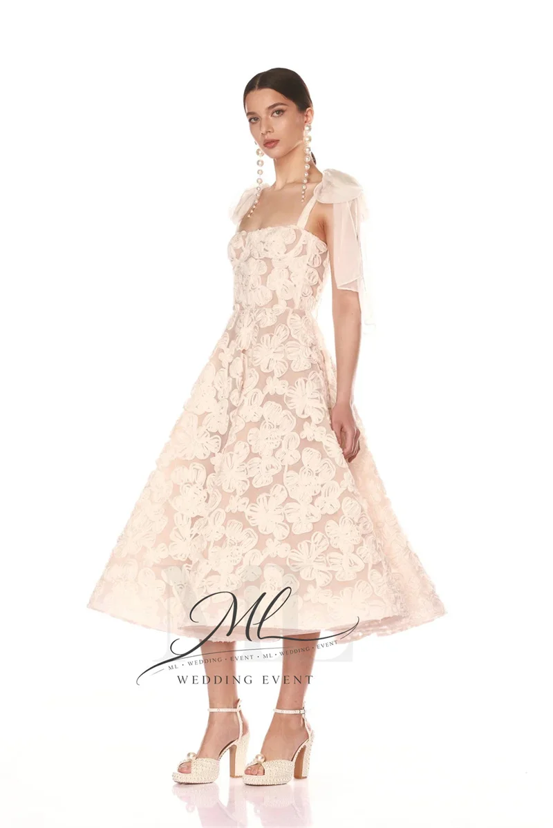 

ML Customized Off-White Milk Lace Flower Wedding Dress Bow Straps Tea-length Vestidos De Noche A-line Bride Formal Gown