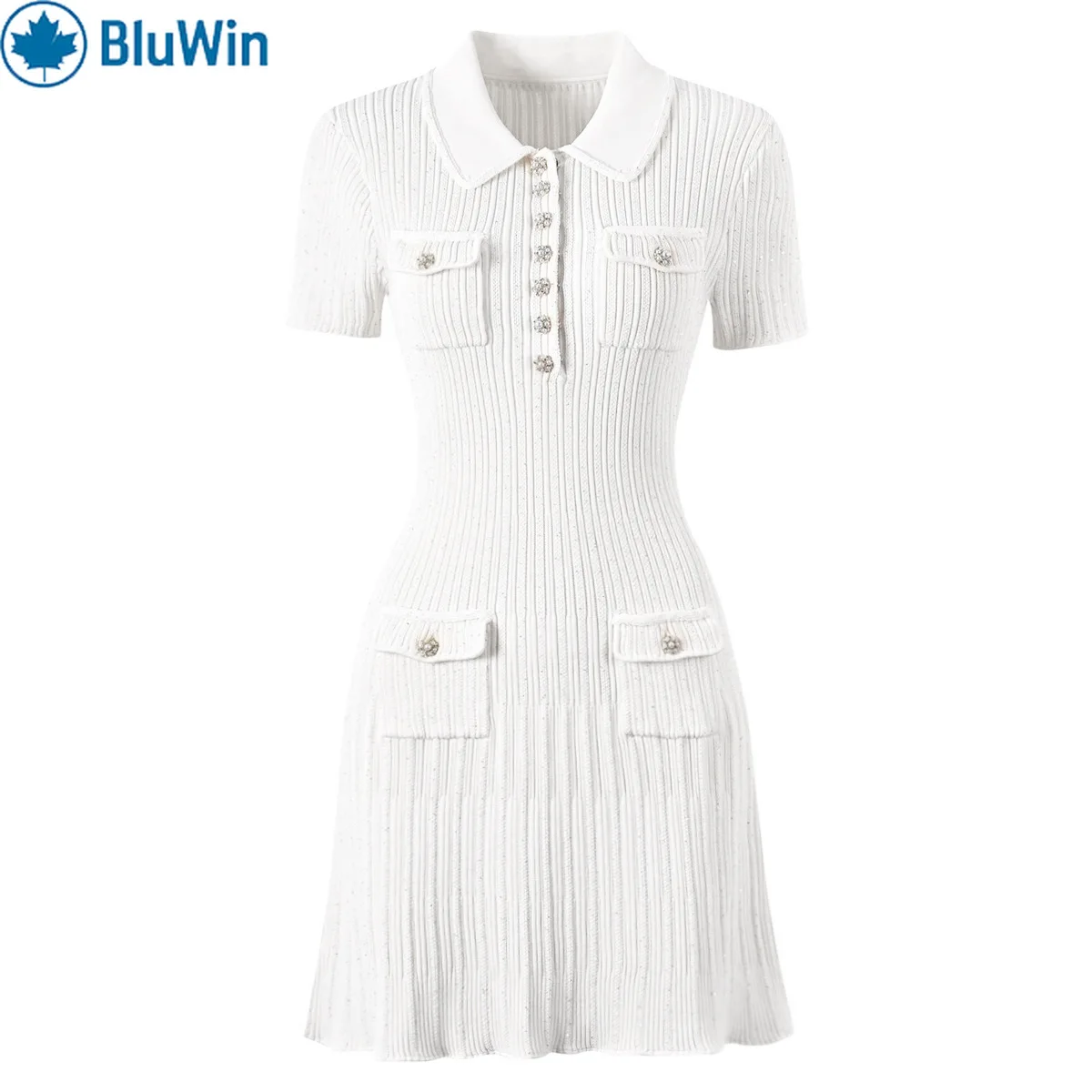 

BluWin Knit Polo Mini Dress - Short Sleeve, Button Placket, Pocket Detail, Slim & Flare, 4 Colors