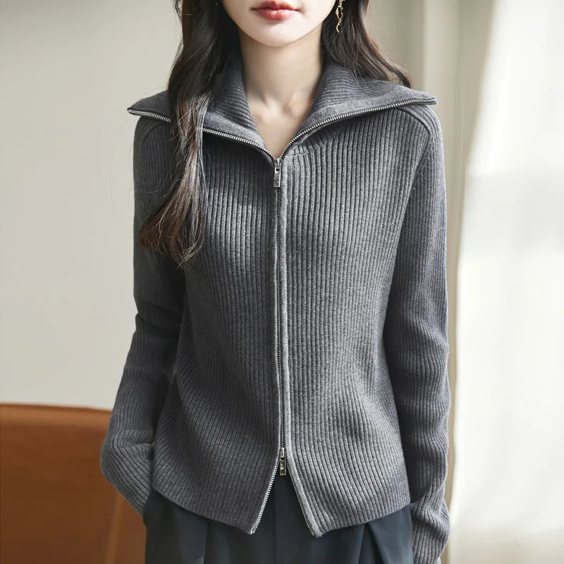 

Autumn and Winter New Style Lapel Knitted Cardigan Sweater Women's Doubles Zipper Drawstring Loose Versatile Top Jacket