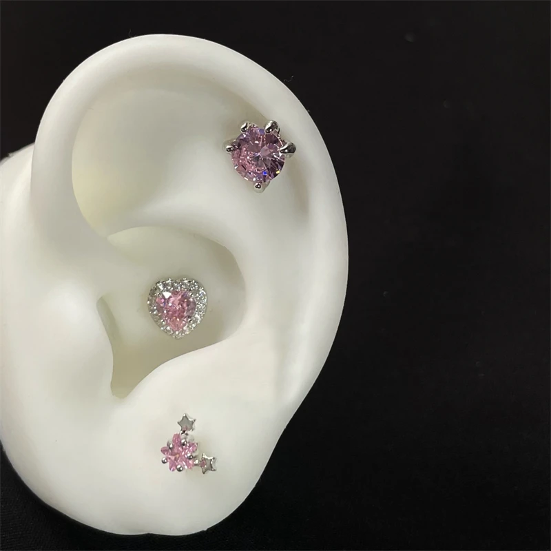 1 PCS Korean Style Shiny Ear Bone Nail 316L Stainless Steel Y2K Cute Pink Bowknot Zircon Crystal Earring Women Cochlea Jewelry