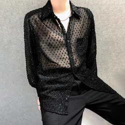 Mens Sexy Mesh See-Through Long-Sleeved Shirt Autumn Genderless Fashion Youth Nightclub Shiny Breathable Performance Top Unisex