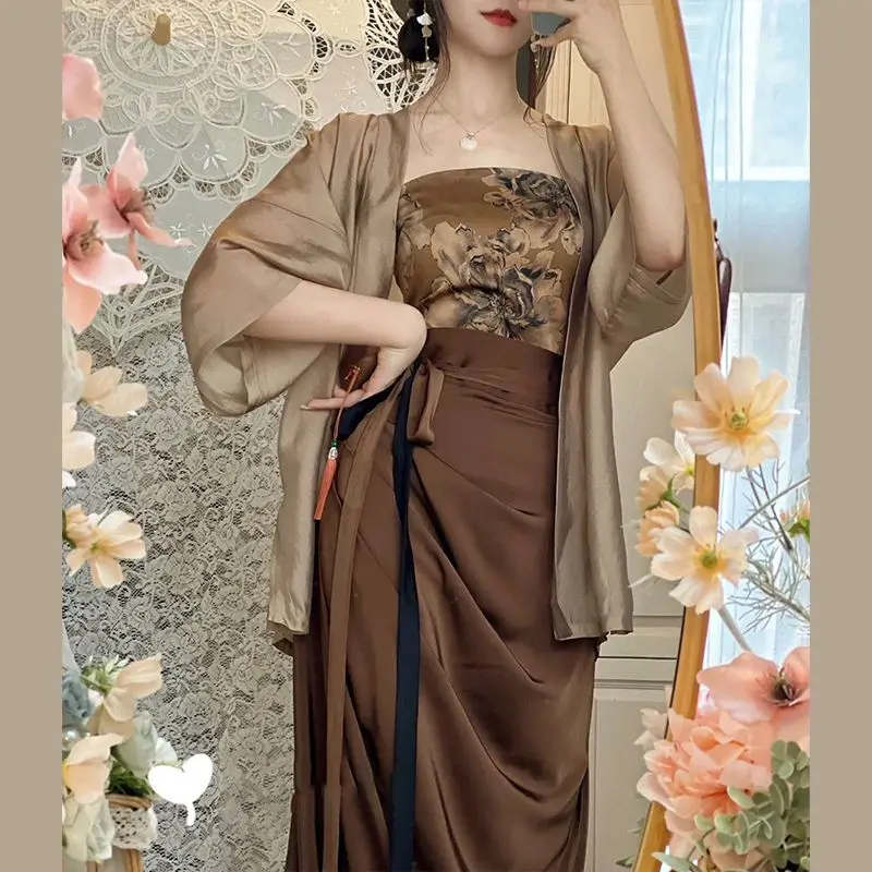 Chinese Tradicional Hanfu Set Verão Retro das Mulheres Loose Cardigan Top + Peito Final Impresso + Saia de Cintura Alta Conjunto de Três Peças